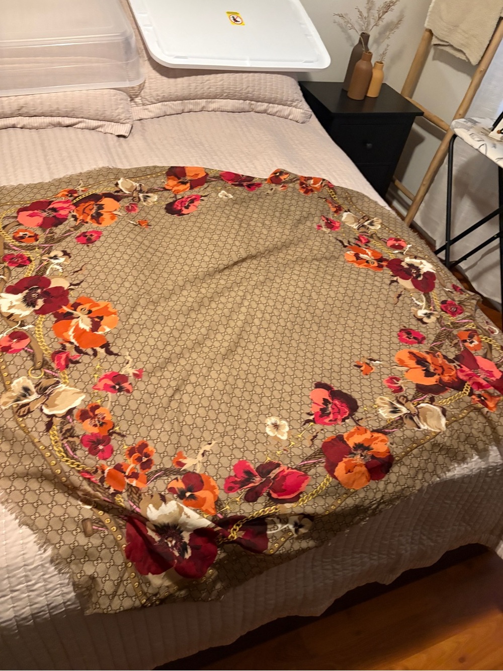 Gucci Floral Monogram Round Scarf in Tan with Red & Orange Accents